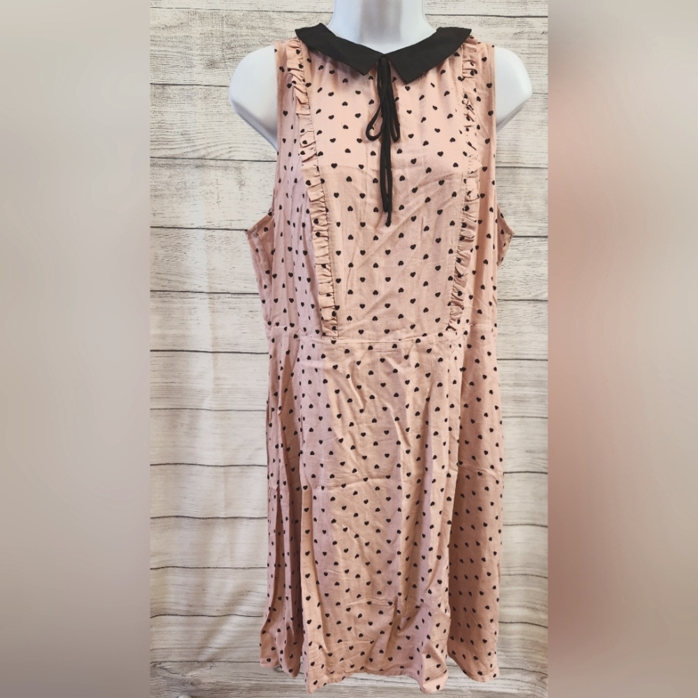 Polka Heart Dot Sleeveless Dress with Black Collar